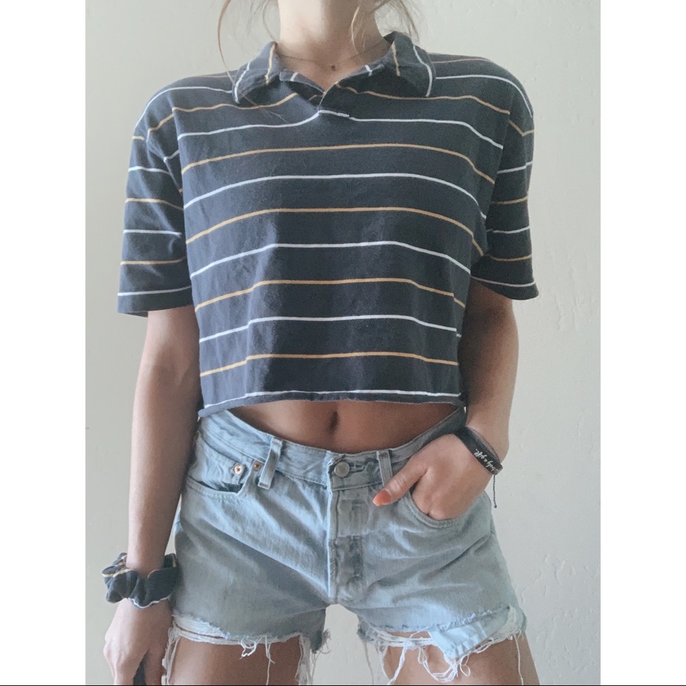 vintage cropped navy blue striped collared polo